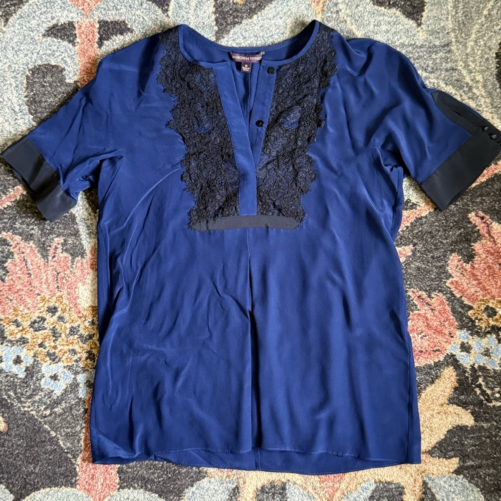 MARCHESA VOYAGE Silk & Lace Navy & Black Blouse